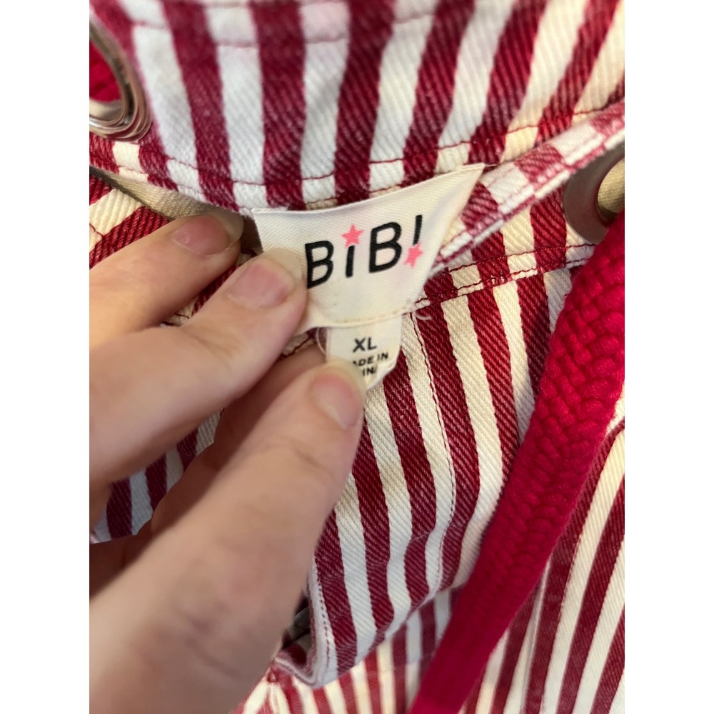 BIBI Red White Striped Denim Patchwork Pants XL Drawstring Grommet Utility Jeans - Picture 3 of 6